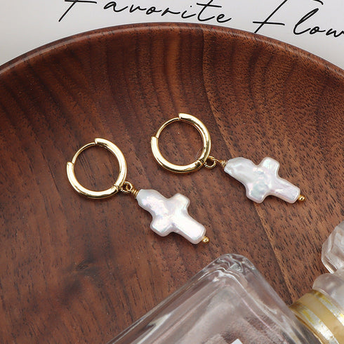 Cross Pearl Hoop Earrings - May-Lynn Jewelry